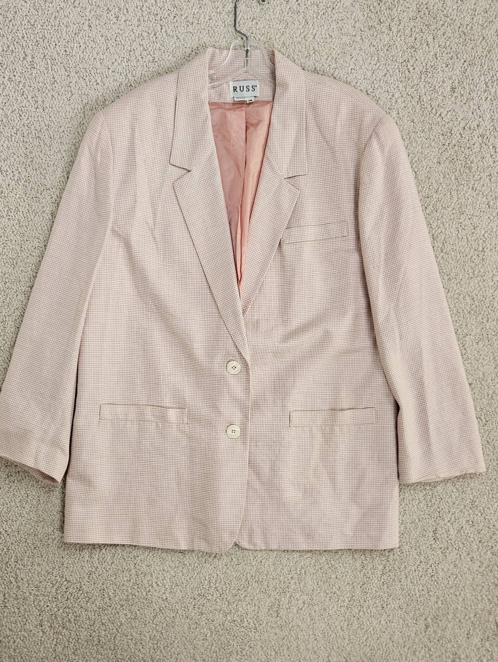 Vintage Blazer Womens Rayon Linen Pink Blush White Houndstooth 16 Lightweight